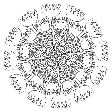 Çiçek açan lalelerin yaprakları mandala renklendirme sayfası vektörü. Komik bahar çiçekli fantezi laleleri siyah beyaz hisse senedi vektör çizimi. Tek renkli radyal simetri çiçek renklendirme kitabı sayfası
