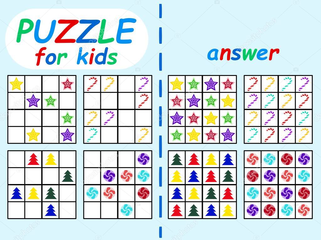 Sudoku puzzles set for children stock vector illustration. Winter holidays symbols four sudoku with answer. Fill all empty places with correct stars, candy canes, pines and candies. One of a series