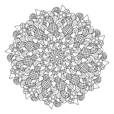 Mutlu Paskalya yumurtaları mandala stok vektör çizimleri. Çocuklar ve yetişkinler için zarif Paskalya sepeti boyama sayfası. Süslü yumurtalar ve yapraklar siyah ve beyaz mandala. Dizilerden biri.
