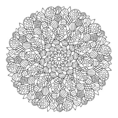 Mutlu Paskalya yumurtaları süslü mandala stok vektör çizimleri. Çocuklar ve yetişkinler için komik detaylı Paskalya yumurtası boyama sayfası. Komik bahar tatili dekoratif el çizimi mandala. Serilerden biri.