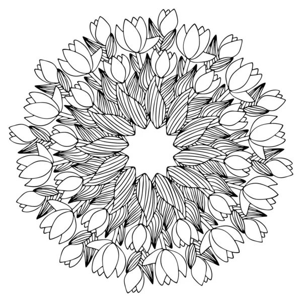 Laleler bahar başlarında çiçek açar. Mandala stok vektör illüstrasyonu. Crocus çiçeği doğal mandala çiçeği desenli stok vektör çizimi. Çizgili yaprakları olan şirin laleler. Dizilerden biri.