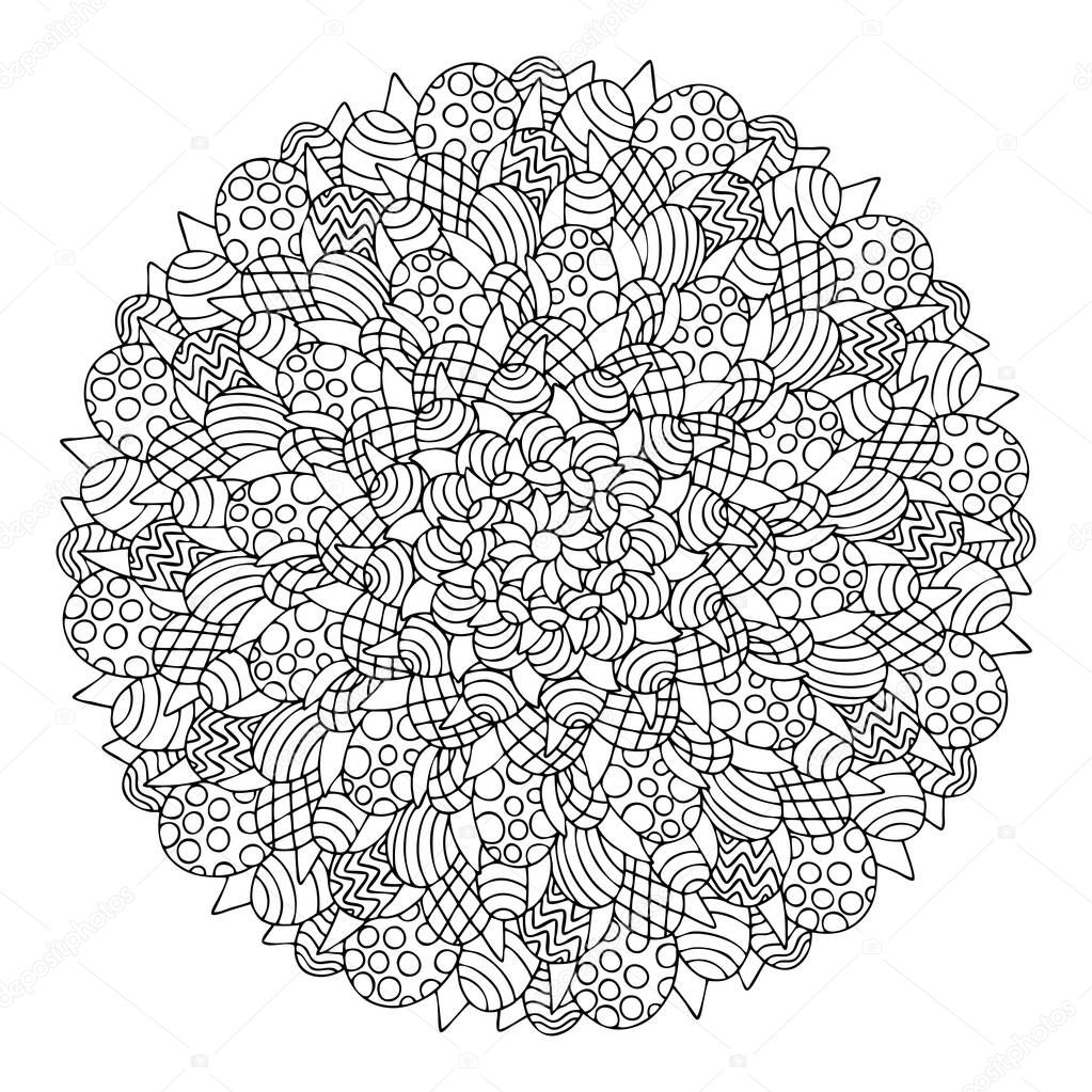 Happy Easter colored eggs ornamental mandala stock vector illustration. Funny detailed Easter eggs coloring page for kids and adults. Funny spring holiday decorative hand drawn mandala. One of a serie