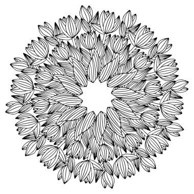 Çiçek desenli lale çiçekleri mandala stok vektör çizimi. Çocuklar ve yetişkinler için komik bahar çiçekli zarif boyama kitabı sayfası. Tek renkli yaz çiçekleri buketi. Bir seri.