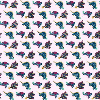Han canlı dinozorları kusursuz bir örüntü vektörüyle çizdi. Açık pembe üzerine izole edilmiş mavi, yeşil, sarı, mor renkli karikatür dinozorları. Çocuklar için giysi, pijama, çarşaf, yastık, perde vs.