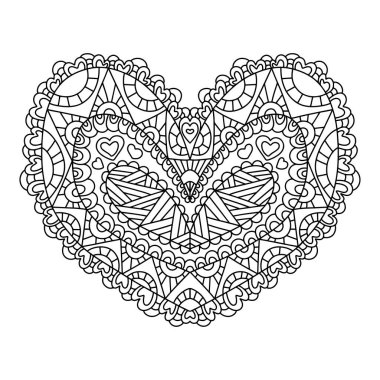 Çocuklar ve yetişkinler için kalp zen sanatı boyama sayfası. Süslü simetrik kalp şekli siyah dış hat beyaz izole. Romantik aşk sembolü kitap sayfası. Dizilerden biri.