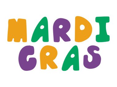 Mardi Gras el çizimi yazı tipi sözcükleri stok vektör illüstrasyonu. Tuhaf, renkli bir ifade. Beyaz, izole edilmiş, yatay sayfa. Şişman Salı için çocukça kıvrımlı mektuplar. Posterler, kartlar ve daha fazlası için mükemmel