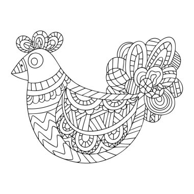 Mutlu Paskalya Tavuğu Zen Sanat Sanatı temsili. Çocuklar ve yetişkinler için komik çiftlik kuşu süsleme sayfası. Bahar mevsimi kuşu siyah hatları detaylı beyaz izole. Dizilerden biri. 