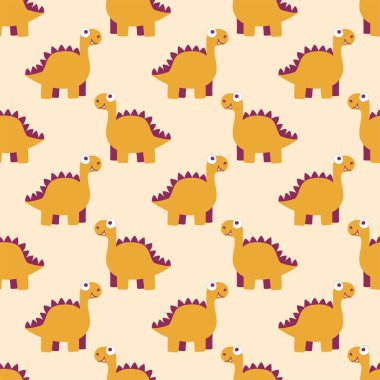 Ilık, turuncu, çocuksu, pürüzsüz model vektörü. Turuncu, mor ve beyaz renklerden komik, dost canlısı bir dino. Çocuklar ve bebekler için tarih öncesi sürüngen çizgi filminin basit bir örneği.