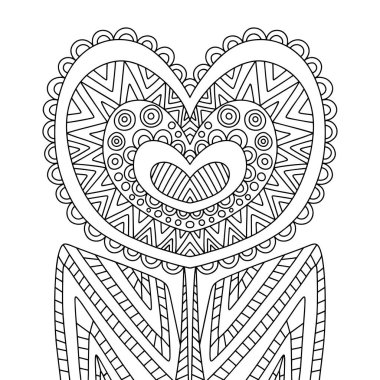 Çocuklar ve yetişkinler için kalp şeklinde çiçek boyama sayfası. Baskı, boyama ve eğlence için süslü fantezi dekoratik bitki. Ayrıntılı el çizimi bahar ruh hali çalışma tablosu