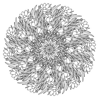 Çocuklar ve yetişkinler için yapraklı mandala boyama sayfası. Çiçek açan dört farklı çiçek aşaması. Bahar mevsimi için zarif siyah beyaz mandala. Dizilerden biri.