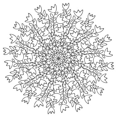 Çocuklar ve yetişkinler için basit laleler mandala boyama sayfası. Bahar çiçeği mandala süsleme kitabı sayfası. Lale çiçekleri çemberi siyah çizgileri izole eder. Serilerden biri.