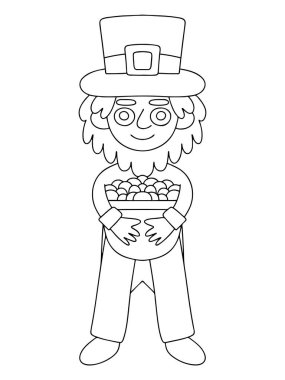 Leprikon ve altın renkli sayfa vektör illüstrasyonu. Çocuklar için komik bir çizgi film karakteri boyama kitabı sayfası. Patrick Günü 'nüz kutlu olsun.