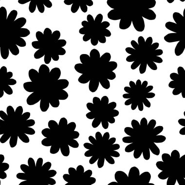 Beyaz, pürüzsüz desen vektörüne el çizimi siyah papatya çiçekleri. Çiçeklerin siluetleriyle tek renkli bitmeyen desen. Kalın siyah beyaz süs yüzey tasarımı. Dizilerden biri.