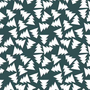 Karlı köknar köknar ormanı geometrik vektör pürüzsüz desen. Gelgit suyunun üzerindeki kaotik beyaz yeşil ağaçlar sonsuz doku. Kumaş ve tekstil için basit doğal monokrom sonsuz desen. Dizilerden biri.