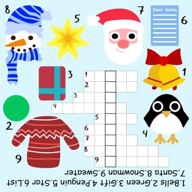 Çocuklar için kış bulmacası stok vektör çizimi. Eğlenceli bulmaca ve anahtar sözcük kar yağsın ve cevap versin. Komik çocuklar Noel Baba, penguen, kardan adam ve daha fazlası ile kelime oyunu oynuyorlar. Dizilerden biri.