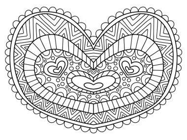 Sevgililer Günü kalp boyama sayfası vektör çizimi. Güzel, romantik bir aşk işareti. Siyah, beyaz, izole edilmiş. Detaylı süslemeli simetrik kalp çevresi yatay sayfa. Dizilerden biri.