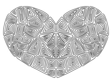 Soyut süslemeli kalp boyama sayfası vektör illüstrasyonu. Sevgililer Günü 'nüz kutlu olsun siyah beyaz renkli komik simetri basılabilir sayfası. Kalp şeklinde dekoratif girdaplar beyazda izole edilmiş.