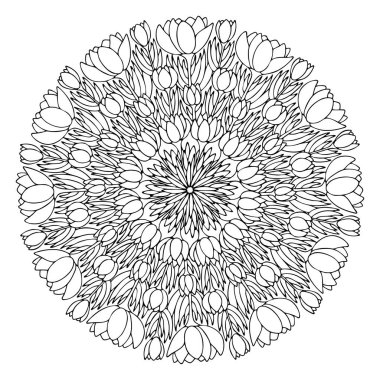 Çiçekli çiçek mandala çizgisi sanat serisi vektör çizimi. Komik bahar çiçekli mandala siyah çizgili beyaz izole. Çocuklar ve yetişkinler için doğal motif boyama kitabı sayfası. Dizilerden biri.