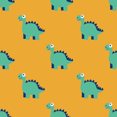 Basit karikatür dinozorları kusursuz model vektörü. El çizimi dino, yeşil, beyaz, mavi ve turuncu desenli. Komik jurasik dino kalın renkli çizgi film deseni. Çocuk kıyafetleri, çarşaf vs. için mükemmel.