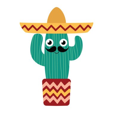 Sombrero şapkalı, saksıda büyük bıyıklı, beyaz desenli vektör illüstrasyonunda izole edilmiş sevimli, el çizgili kaktüs adam. Yüzü renkli vektör resimli komik bir Meksika kaktüsü çizgi filmi.