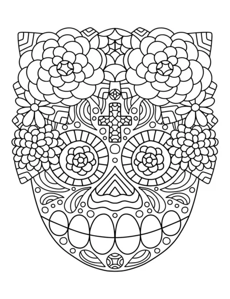 Crânio Mexicano Tradicional Com Coroa Flores Página Colorir Ilustração Vetor — Vetor de Stock