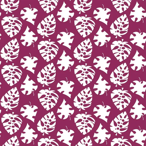 Monsteraは活気のある熱帯のシンプルなシームレスなパターンベクトルを残します 紫色の手描きの大胆な色の無限のテクスチャに白い葉の形 家の装飾 ベッドリネン 服などに最適です — ストックベクタ
