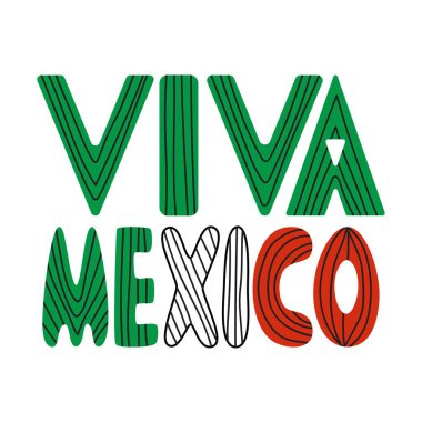 Viva Mexico renkli el yazması hisse senedi çizimi illüstrasyonu. Beyaz arka planda siyah çizgili yeşil, beyaz ve kırmızı harfler. Cinco de Mayo ve Meksika 'nın Bağımsızlık Günü için mükemmel.