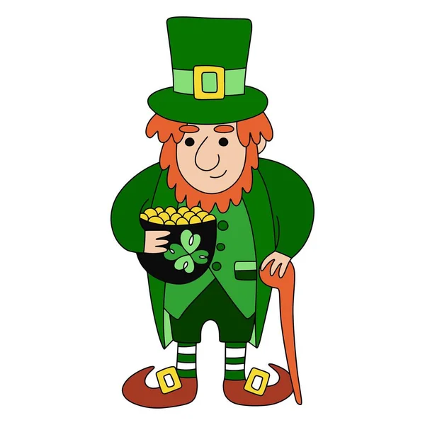 Cartoon Leprechaun Green Clothes Top Hat Pot Gold Shillelagh Stock — Stock Vector