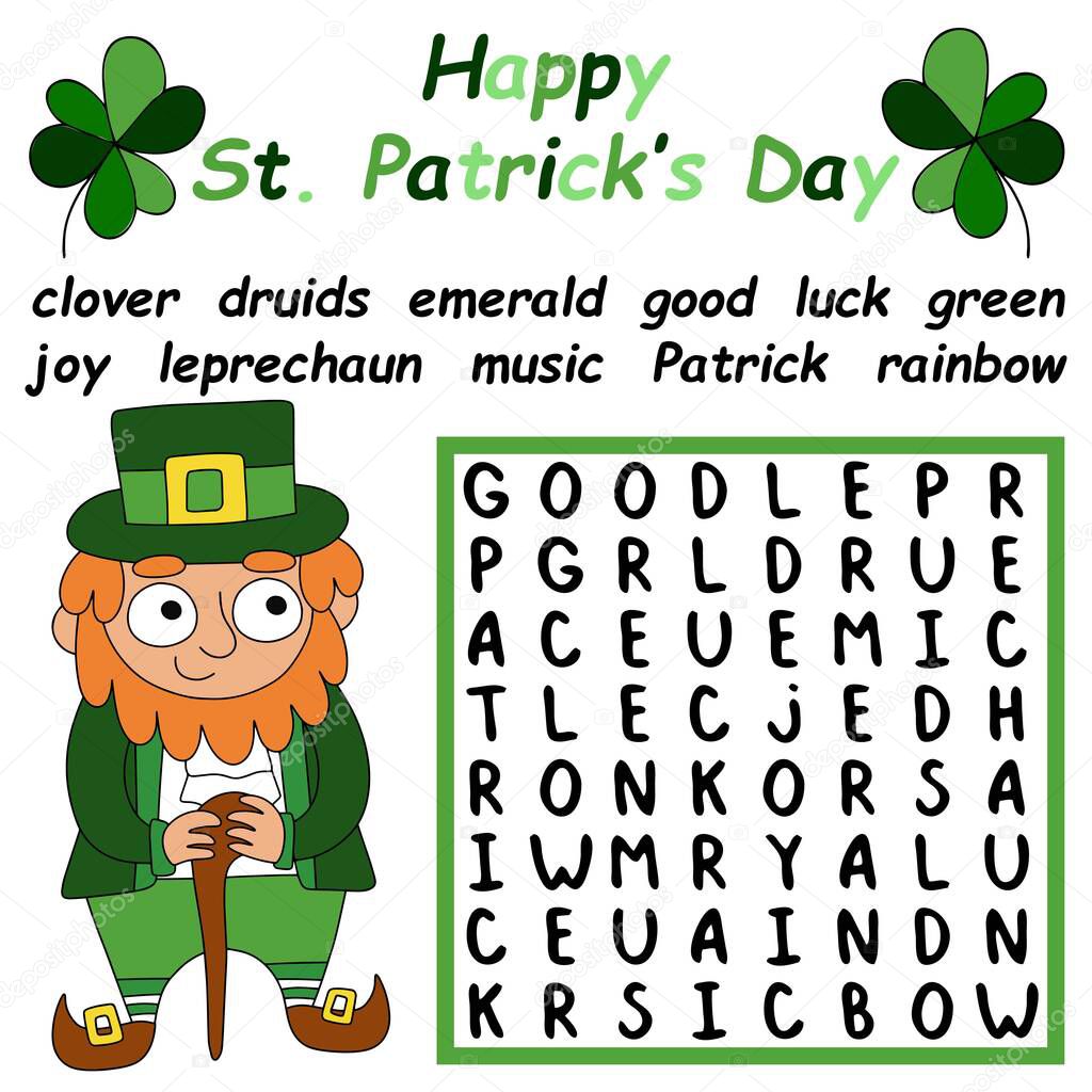 Educational Irish-themed colorful word search puzzle for kids stock vector illustration. Funny cartoon leprechaun and word search printable activity page for children