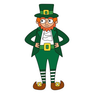 Leprikon yeşil kostümlü el çizimi karikatür adam. Aziz Patrick Günü için beyazda izole edilmiş komik çocuksu karakter geleneksel İrlanda bayramı için