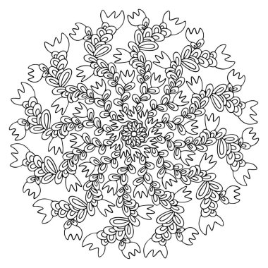 Fantezi bitki ve çiçekler mandala boyama sayfası stok vektör illüstrasyonu. El yapımı spiral çiçek desenli mandala baskı, boya ve eğlence için.