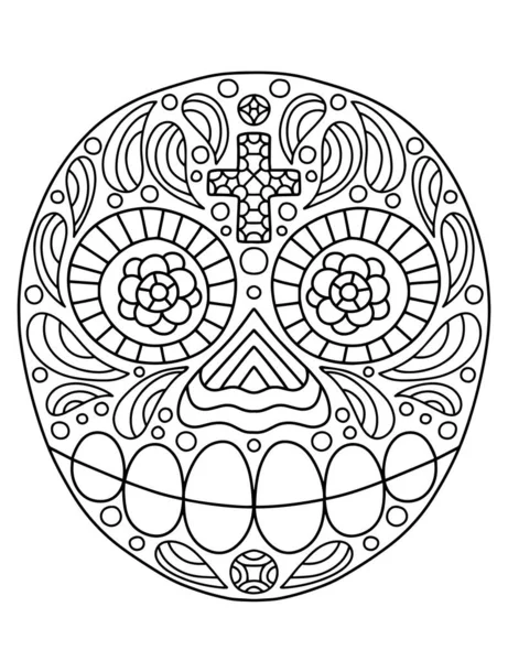 Hand Drawn Linear Ornamental Skull Dia Muertos Halloween Coloring Page — Stock Vector