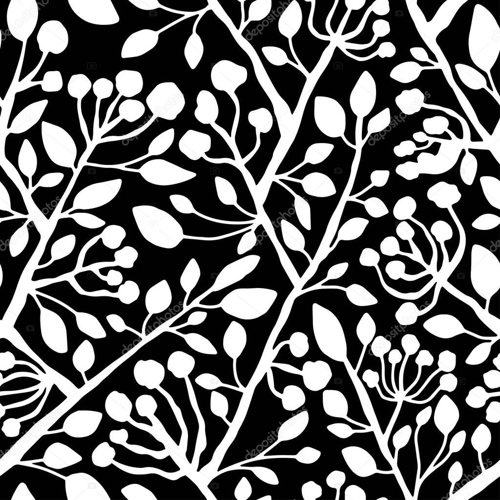 Blossom tree branches black and white floral seamless pattern vector. Hand-drawn white branches with leaves and flowers silhouettes on black natural endless texture. One of a series