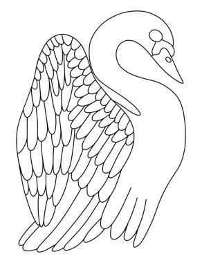 Elle çizilmiş kuğu doğrusal vektör çizimi. Zarif vahşi kuş kuğusu elle çizilmiş siyah çizgili beyaz izole edilmiş. Yetişkinlerin dikey yazdırılabilir çalışma tablosu için dekoratif kuş anti-stres renk sayfası