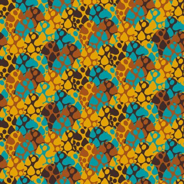 Benekli yumurtalar, doğal renkler, kusursuz desenli stok vektör çizimi. Elle çizilmiş vahşi hayvanlar ve kuşlar altın çubukla yumurta, koyu meşe, tavus kuşu ve bakır renkler. Pozitif yumurta kabukları Sonsuz doku