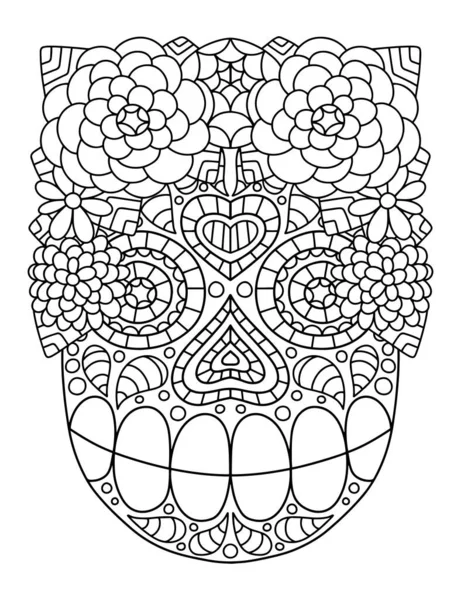 Calavera Dibujada Mano Con Flor Corona Ornamental Lineal Stock Vector — Archivo Imágenes Vectoriales