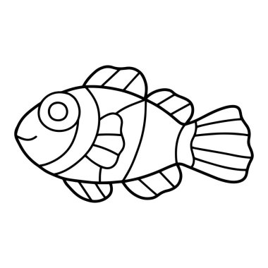 Palyaço balığı çizgi filmi el yapımı sanat çizimi çizimi çizimi. Çocuklar için komik tropikal balık boyama sayfası. Basit siyah çizgili anemonik balığı beyaza izole edilmiş.