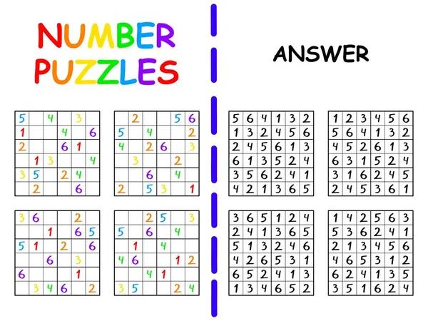 Vier Sudoku Spiele Sechs Mal Sechs Für Anfänger Bunte Vektorillustration — Stockvektor