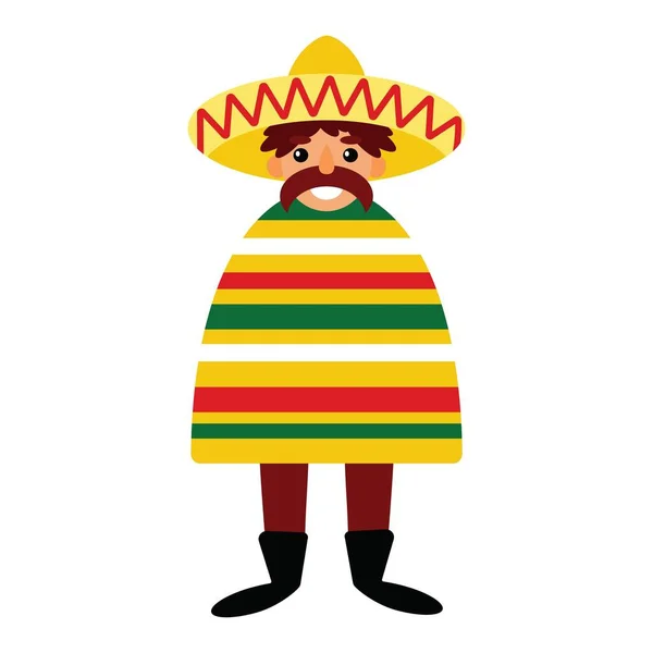 白いベクトルイラストに隔離された口ひげ ポンチョ およびいくつかのブレロと漫画の面白いメキシコのキャラクター コスチュームパーティーフラットイラストのための伝統的なカラフルなメキシコの服で面白い笑顔の男 — ストックベクタ