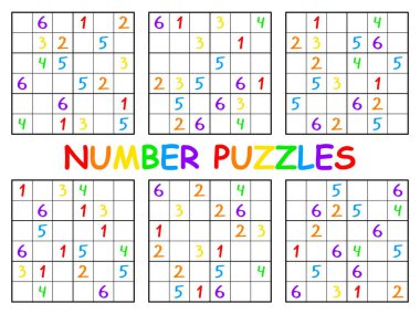 Number puzzles funny sudoku set vector illustration. Simple educational logical puzzle for children horizontal printable page. Complete colorful sudoku puzzles set six by six by numbers from 1 to 6