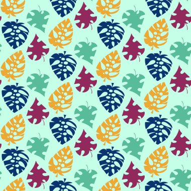 Monstera's leaves shapes by vibrant colors vector seamless pattern. Bright summer tropical natural pattern. Simple jungle leaves in different shapes, colors and directs pattern