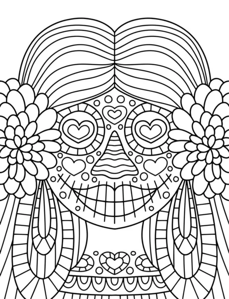 Hand Drawn Skeleton Girl Coloring Page Vector Illustration Dia Muertos — Vector de stock