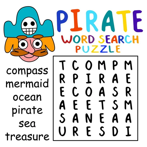 Pirate Themed Word Search Puzzle Kids Vector Illustration Help Cartoon — Διανυσματικό Αρχείο