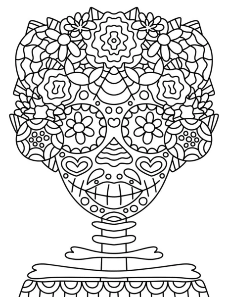 Happy Dia Muertos Woman Skeleton Flower Wreath Coloring Page Vector — ストックベクタ