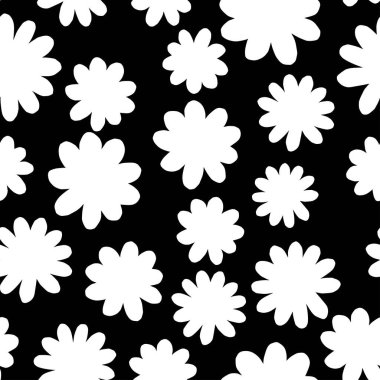 Beyaz papatya çiçeği siyah, pürüzsüz desen vektöründe şekillenir. Komik basit çiçek yüzey tasarımı. Küçük çiçek siluetleriyle soyut siyah beyaz süs