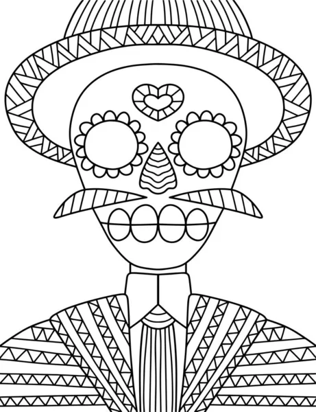 快乐的迪娅 缪尔托斯的骷髅 穿着一套帽子和胡子线形的衣服 死亡日这一有趣的节日 为成人和儿童手绘骷髅彩绘页 系列中的一个 — 图库矢量图片