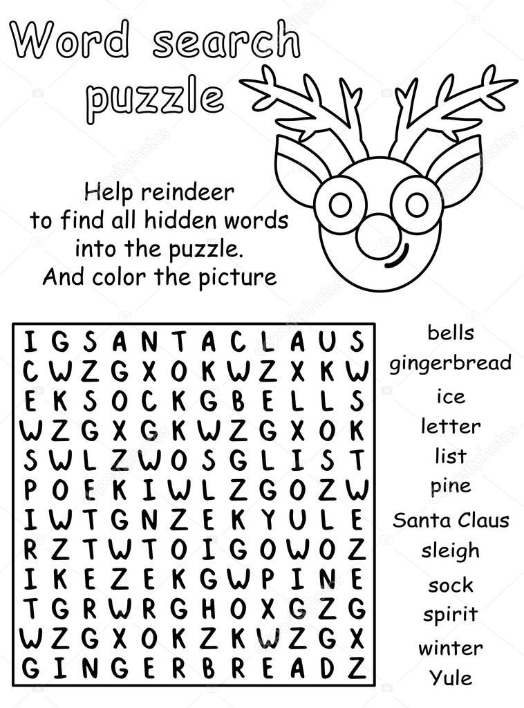 Merry Christmas word search puzzle black and white printable worksheet for kids vector illustration. Help reindeer to find all hidden words into the puzzle, and color the picture