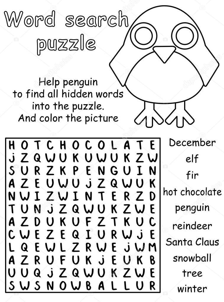 Christmas time word search puzzle for children black and white vector illustration. Educational visual word game with funny penguin printable worksheet 