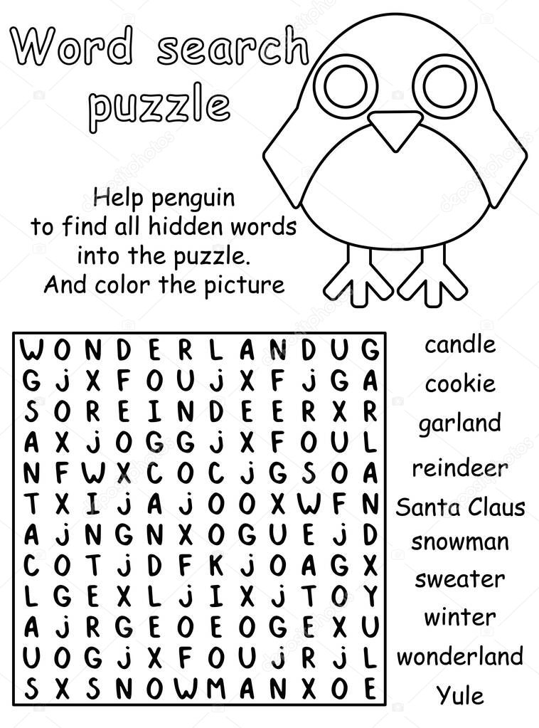 Happy Christmas word search puzzle for kids black and white version vector illustration. Help penguin to find all hidden words into the puzzle and color the picture
