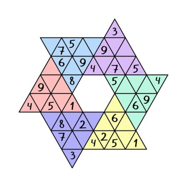 Çocuklar için yıldız sudokusu renkli çalışma çizelgesi çizimi. Eğitimsel sayı oyunu - büyük üçgen, yatay ve köşegen çizgilerdeki boş hücrelere sadece bir kez 1-9 sayı yerleştir